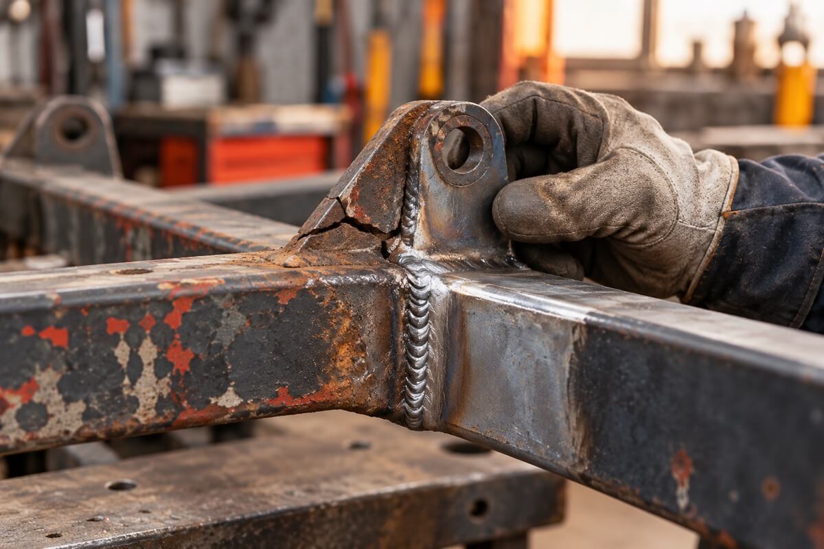 Vana metallkonstruktsiooni parandatud ühendus ja värske keevisõmblus.